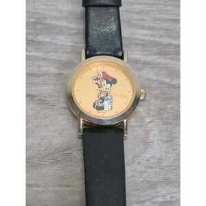 Pedre Disney Mickey Mouse Fireman Watch Gold Tone Japan Movt Black Leather Band